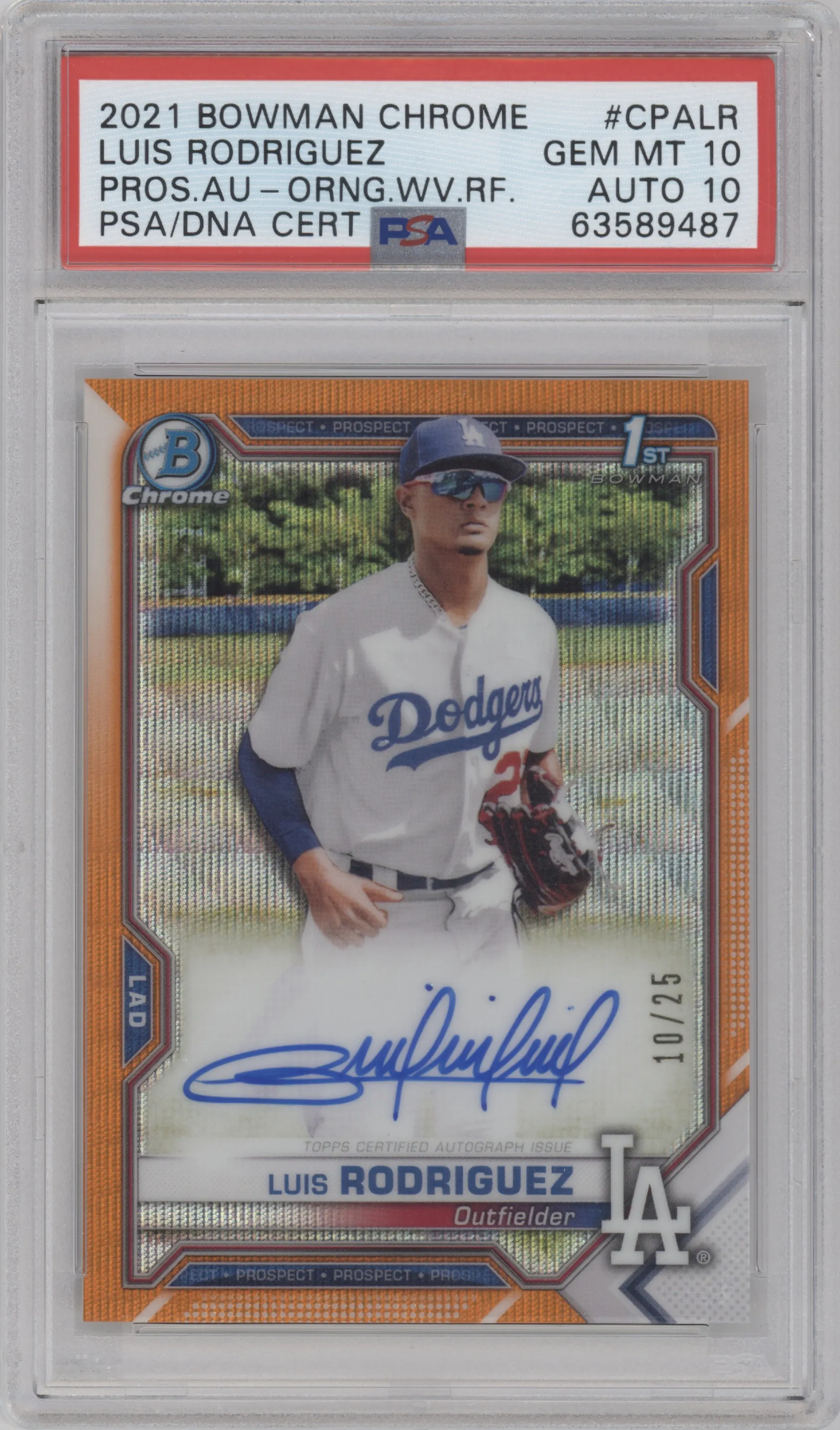2021 Bowman Chrome Pros.Auto Luis Rodriguez Orange Wave Refractor PSA 10