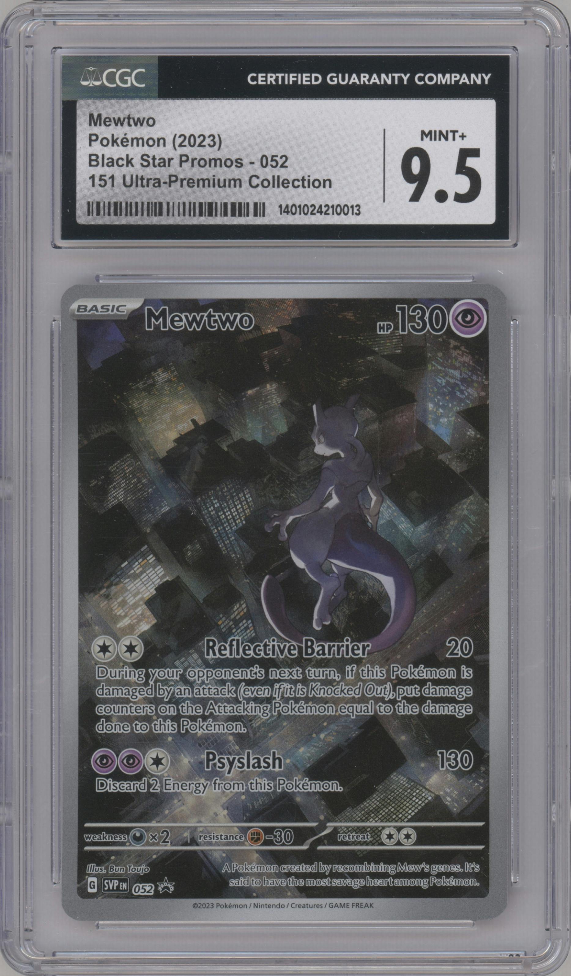 Mewtwo from the 2023 Pokemon SV set featuring a Scarlet & Violet 151 Ultra Premium Collection parallel graded by CSG and given an overall grade of 9.5.