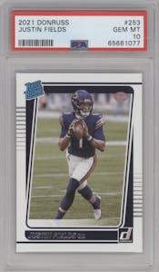 Justin Fields from the 2021 Panini Donruss set graded by PSA and given an overall grade of 10.