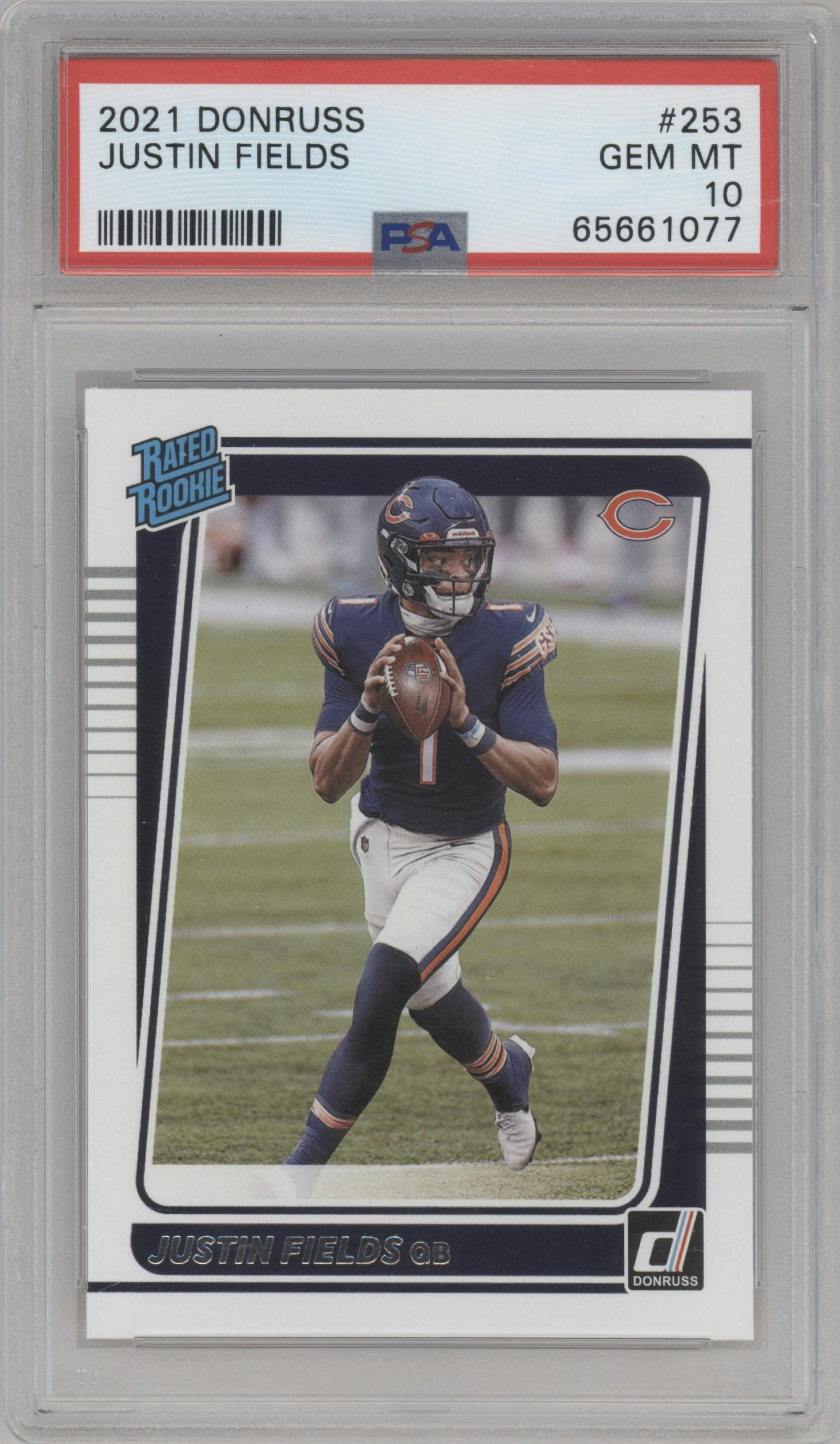 Justin Fields from the 2021 Panini Donruss set graded by PSA and given an overall grade of 10.