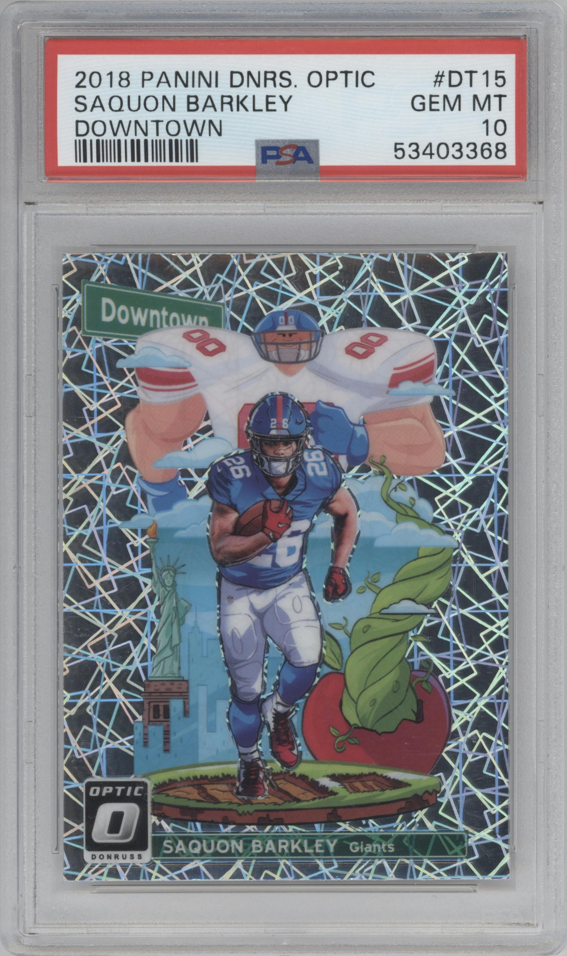 Saquon Barkley from the 2018 Panini Donruss Optic set graded by PSA and given an overall grade of 10.