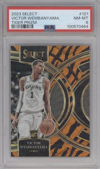 Victor Wembanyama from the 2023-24 Panini Select  set featuring a Tiger parallel graded by PSA and given an overall grade of 8.