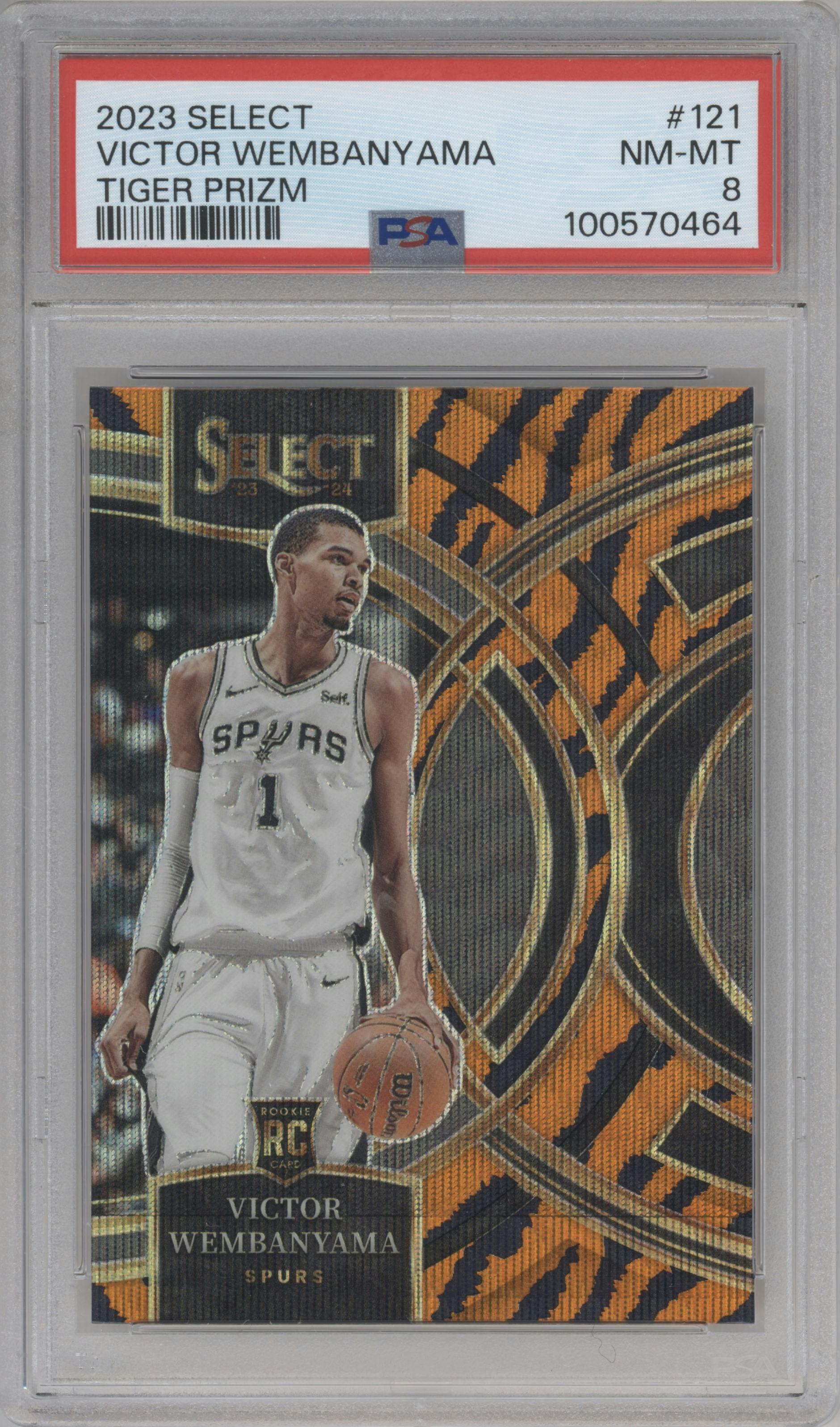 Victor Wembanyama from the 2023-24 Panini Select  set featuring a Tiger parallel graded by PSA and given an overall grade of 8.