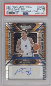 Paolo Banchero from the 2024 Panini Prizm Draft Picks set featuring a Orange Pulsar Prizm parallel graded by PSA and given an overall grade of 10.