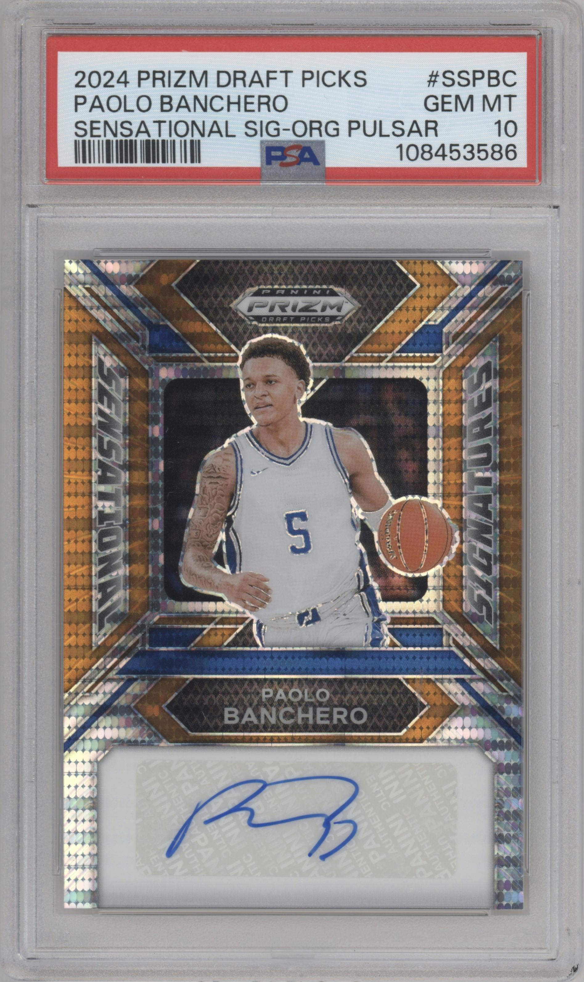 Paolo Banchero from the 2024 Panini Prizm Draft Picks set featuring a Orange Pulsar Prizm parallel graded by PSA and given an overall grade of 10.
