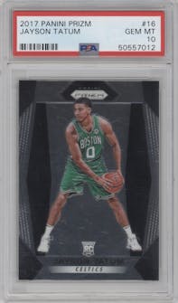 Jayson Tatum from the 2017-18 Panini Prizm  set graded by PSA and given an overall grade of 10.