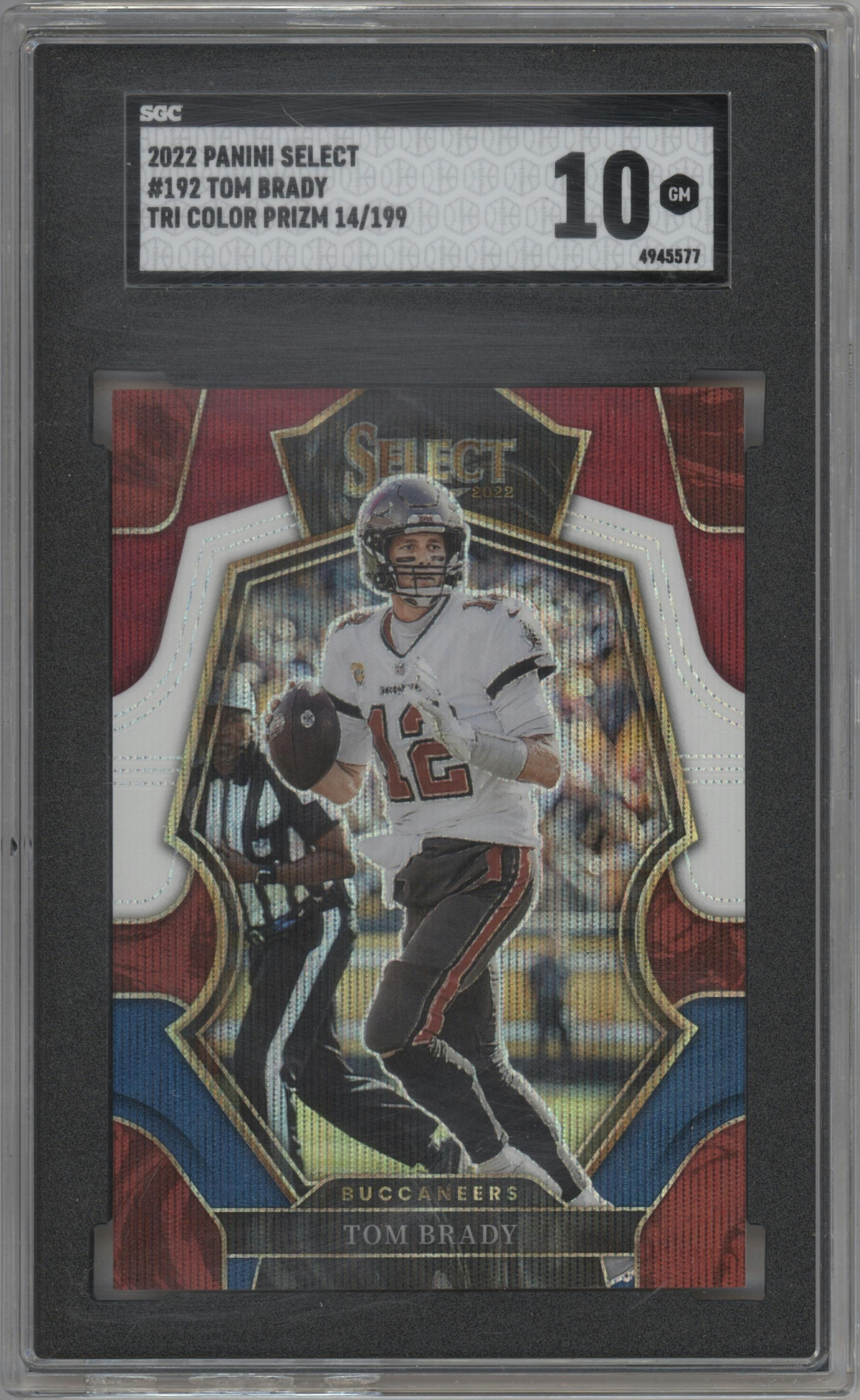Tom Brady from the 2022 Panini Select set featuring a Tri-Color parallel graded by SGC and given an overall grade of 10.