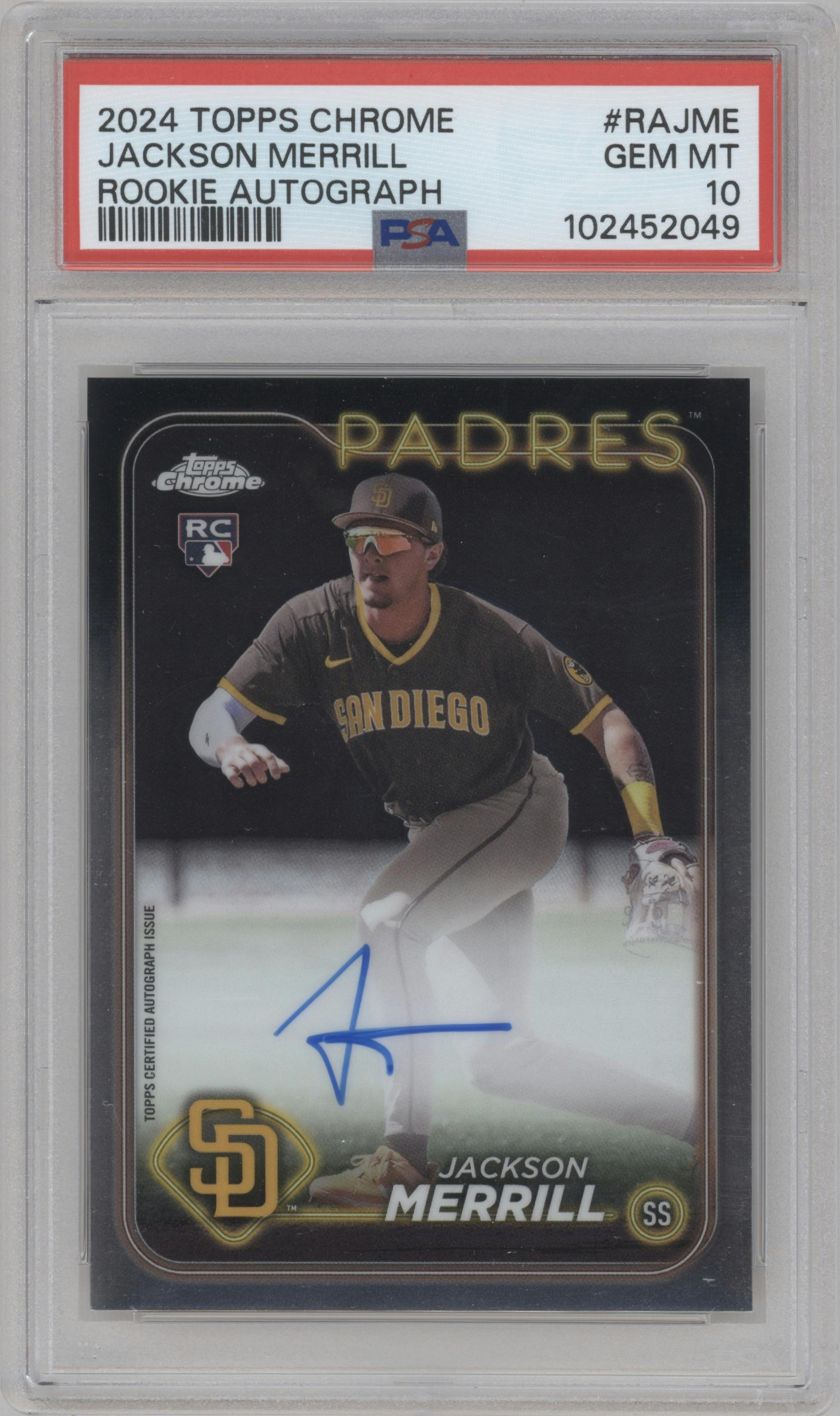 Jackson Merrill from the 2024 Topps Chrome set graded by PSA and given an overall grade of 10.