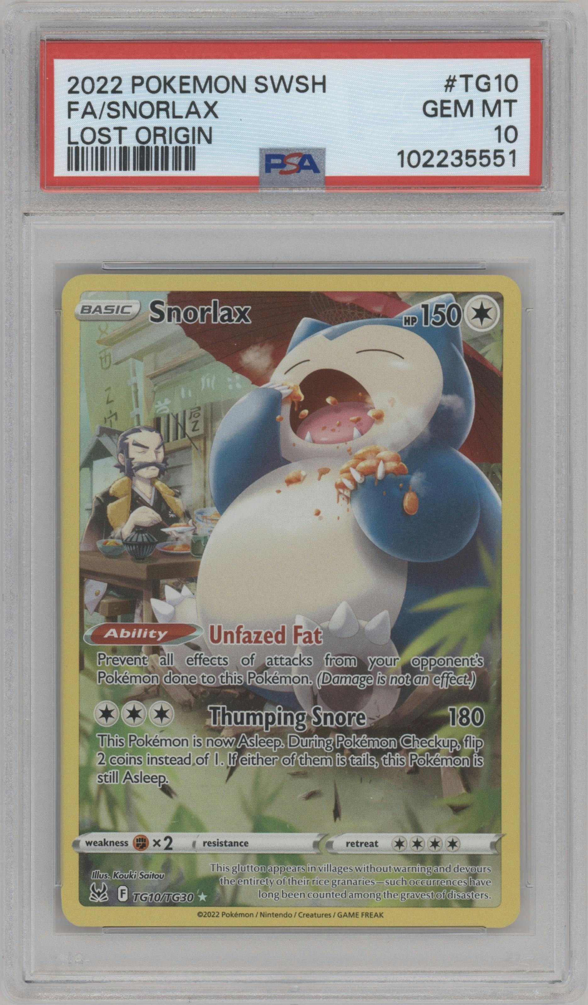 Snorlax from the 2022 Pokemon SWSH set graded by PSA and given an overall grade of 10.