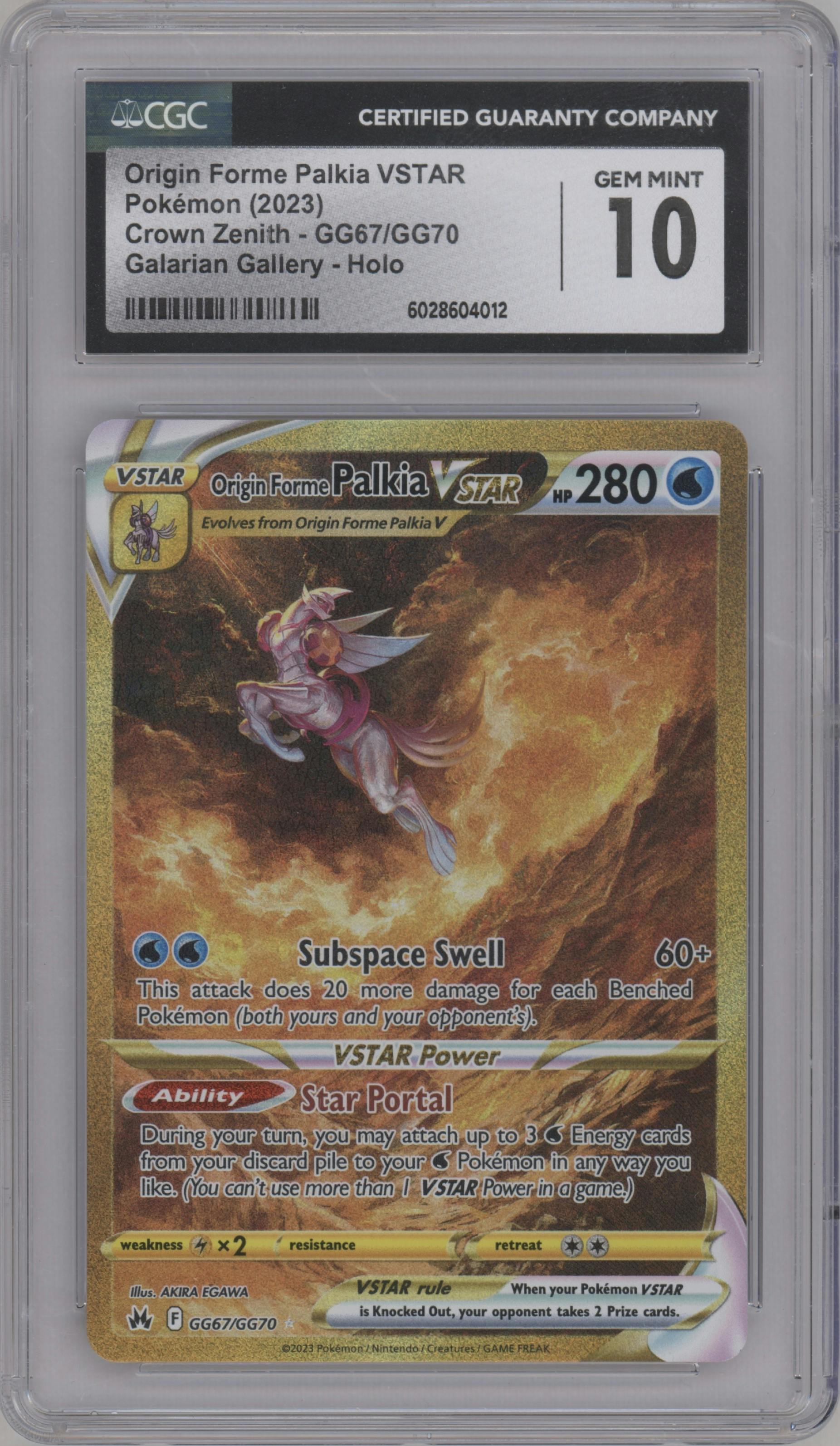 Origin Forme Palkia VSTAR from the 2023 Pokemon SWSH set graded by CSG and given an overall grade of 10.