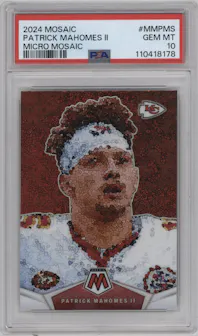 Patrick Mahomes II from the 2024 Panini Mosaic set graded by PSA and given an overall grade of 10.
