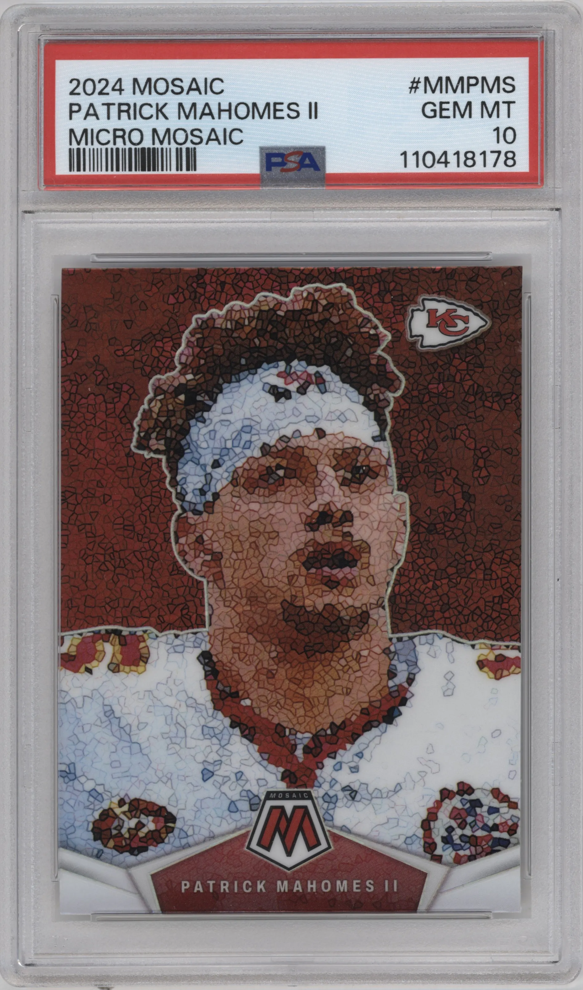 Patrick Mahomes II from the 2024 Panini Mosaic set graded by PSA and given an overall grade of 10.