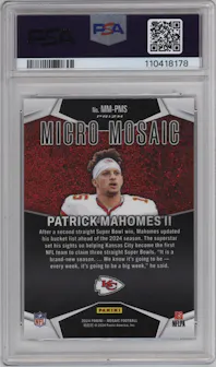 Patrick Mahomes II from the 2024 Panini Mosaic set graded by PSA and given an overall grade of 10.