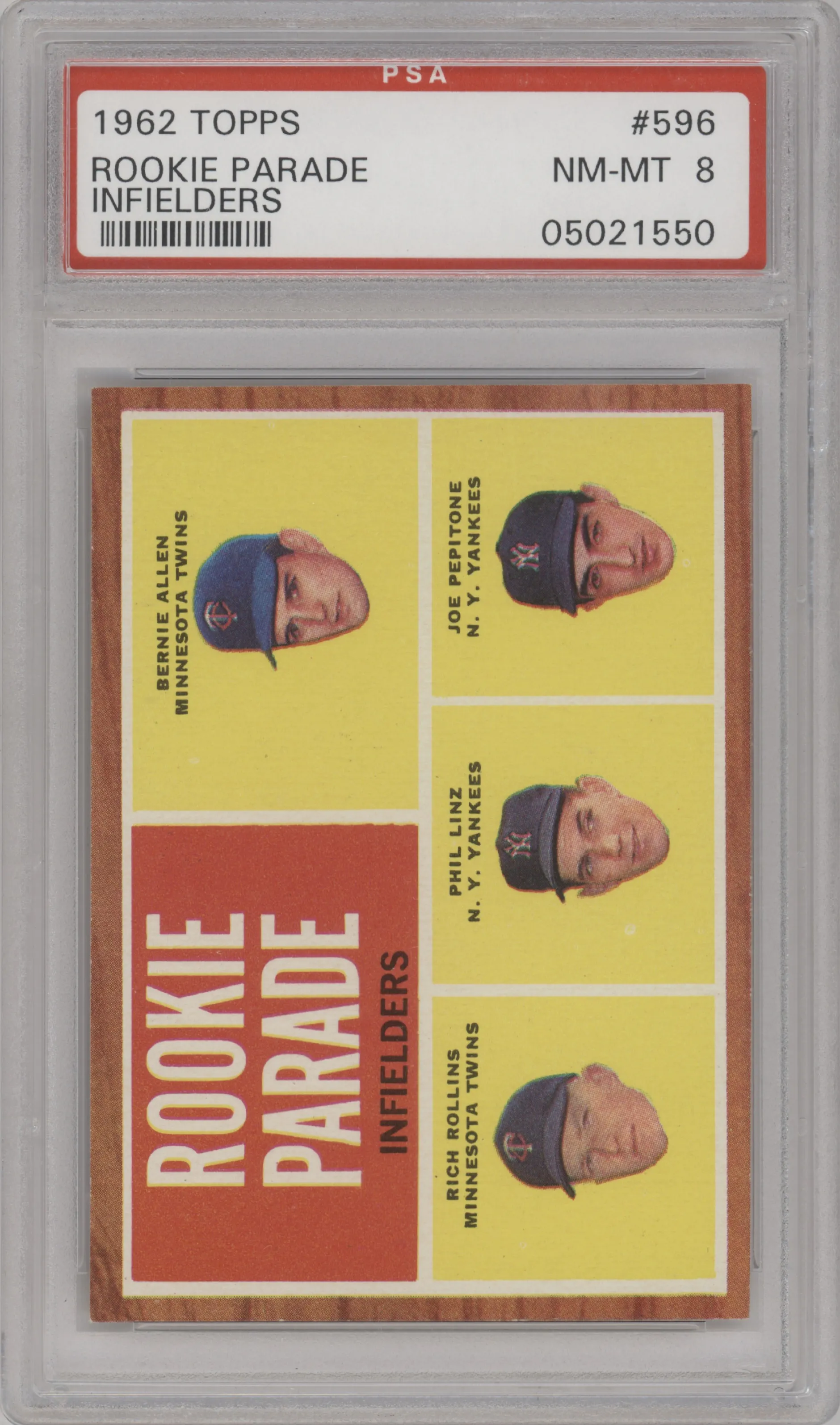 1962 Topps Bernie Allen/Rich Rollins/Phil Linz/Joe Pepitone #596 PSA 8