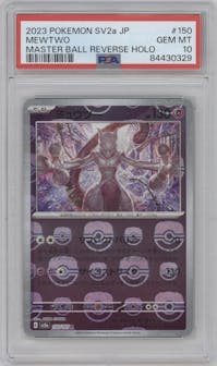 Mewtwo from the 2023 Pokemon SV JPN set featuring a Master Ball parallel graded by PSA and given an overall grade of 10.