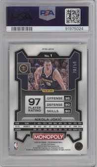 Nikola Jokic from the 2023-24 Panini Prizm Monopoly set featuring a Purple Millionaire Shimmer parallel graded by PSA and given an overall grade of 9.