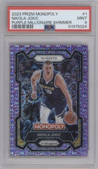 Nikola Jokic from the 2023-24 Panini Prizm Monopoly set featuring a Purple Millionaire Shimmer parallel graded by PSA and given an overall grade of 9.