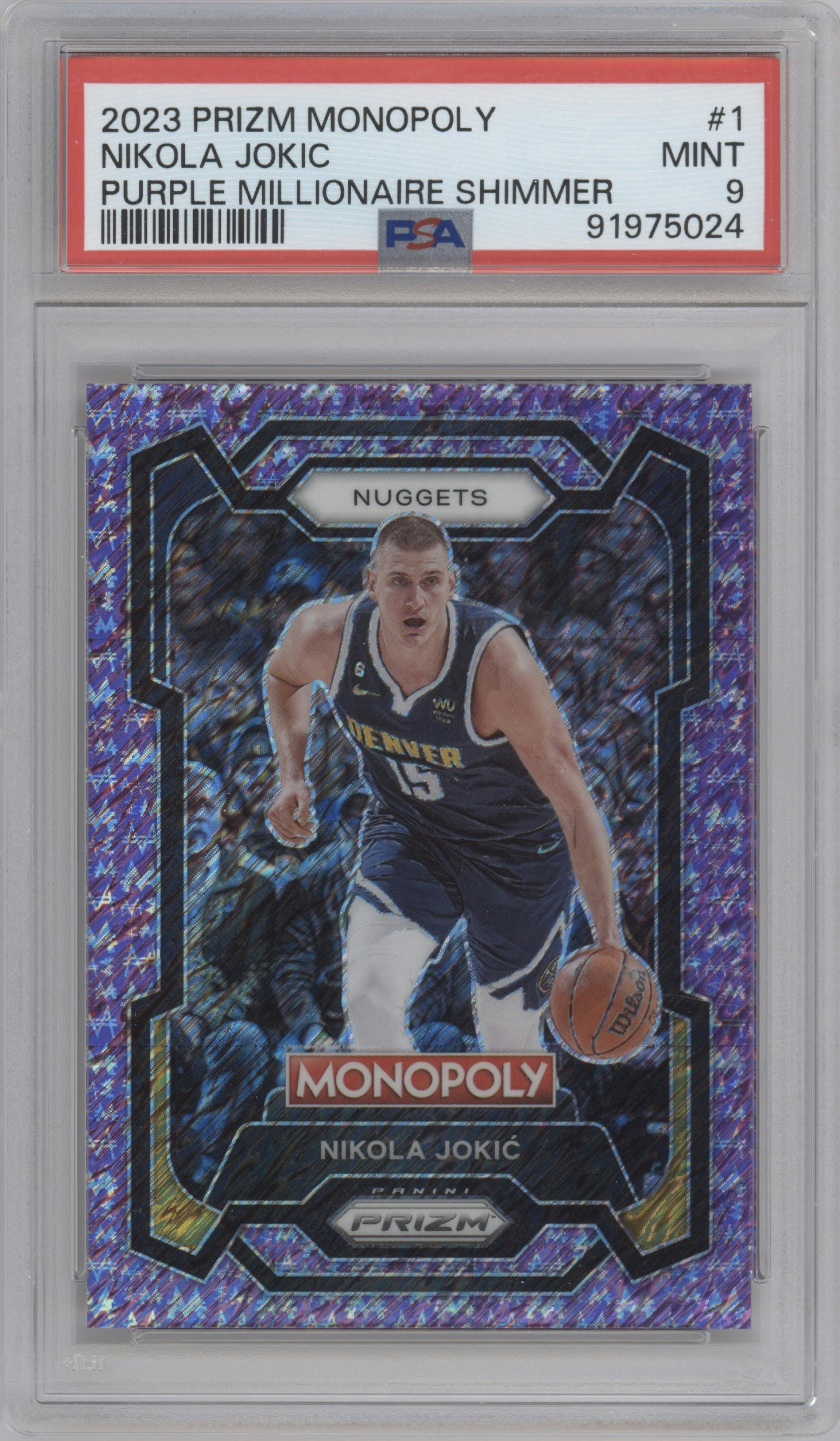 Nikola Jokic from the 2023-24 Panini Prizm Monopoly set featuring a Purple Millionaire Shimmer parallel graded by PSA and given an overall grade of 9.