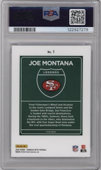 Joe Montana from the 2024 Donruss Optic set graded by PSA and given an overall grade of 10.