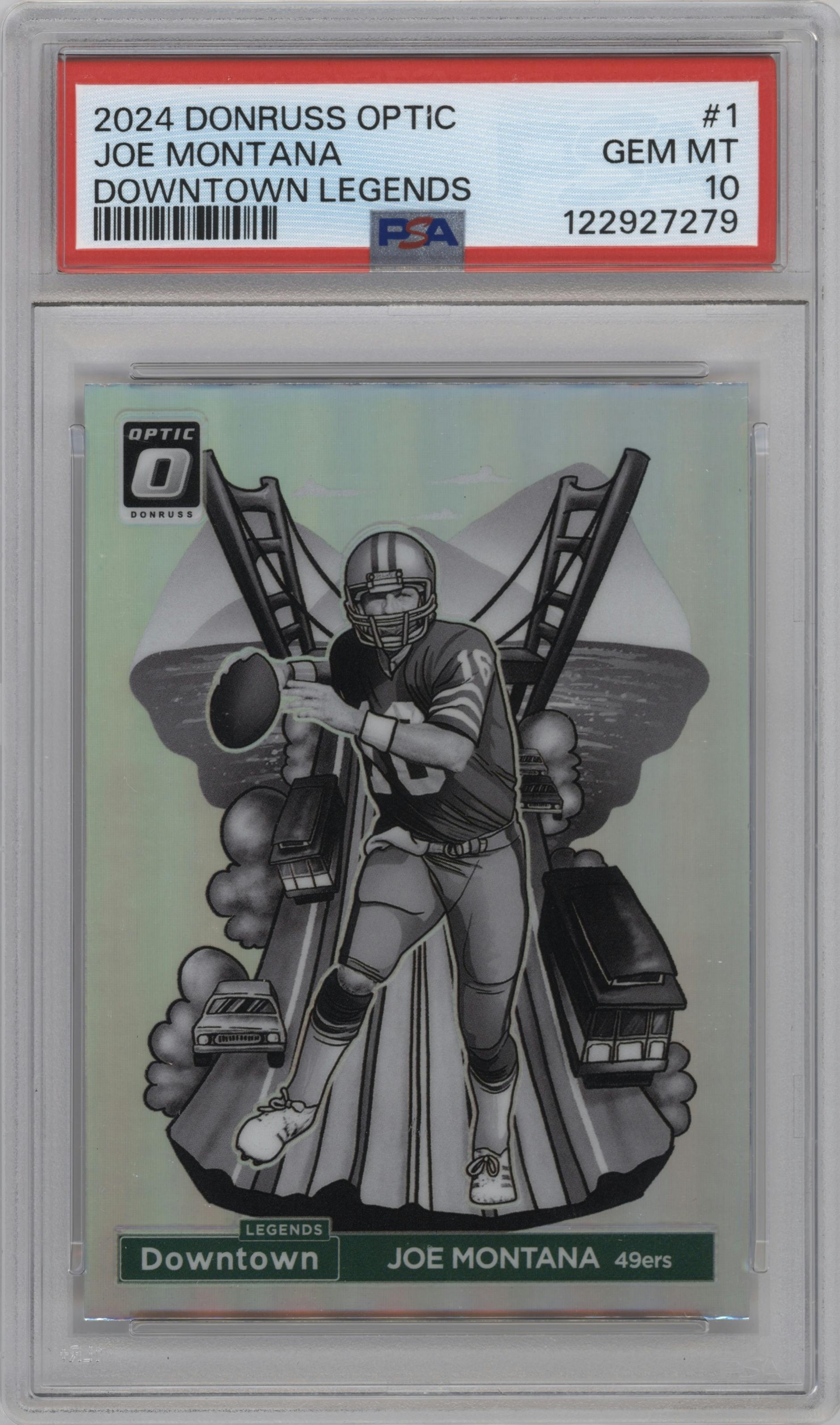 Joe Montana from the 2024 Donruss Optic set graded by PSA and given an overall grade of 10.