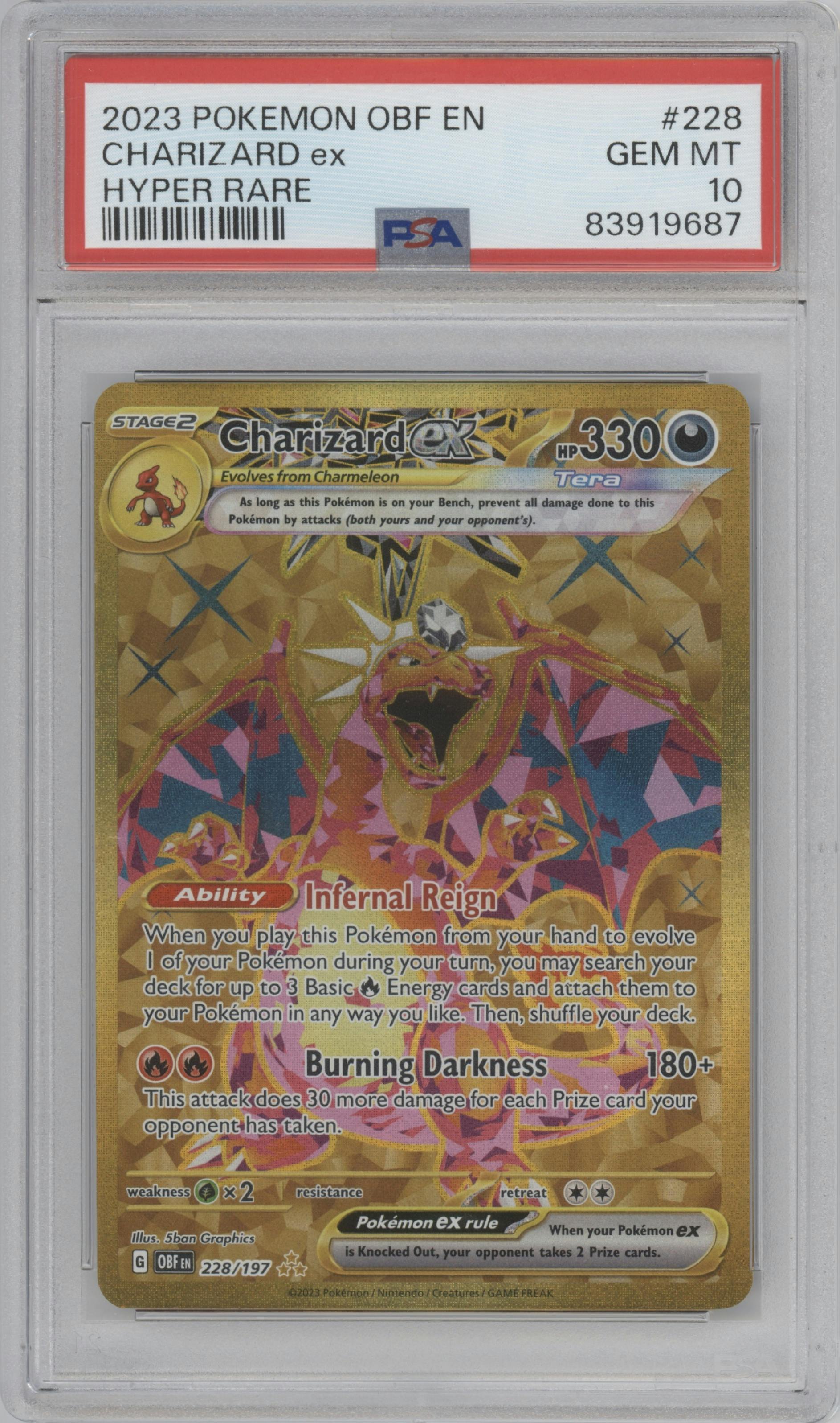 Charizard ex from the 2023 Pokemon SV set graded by PSA and given an overall grade of 10.