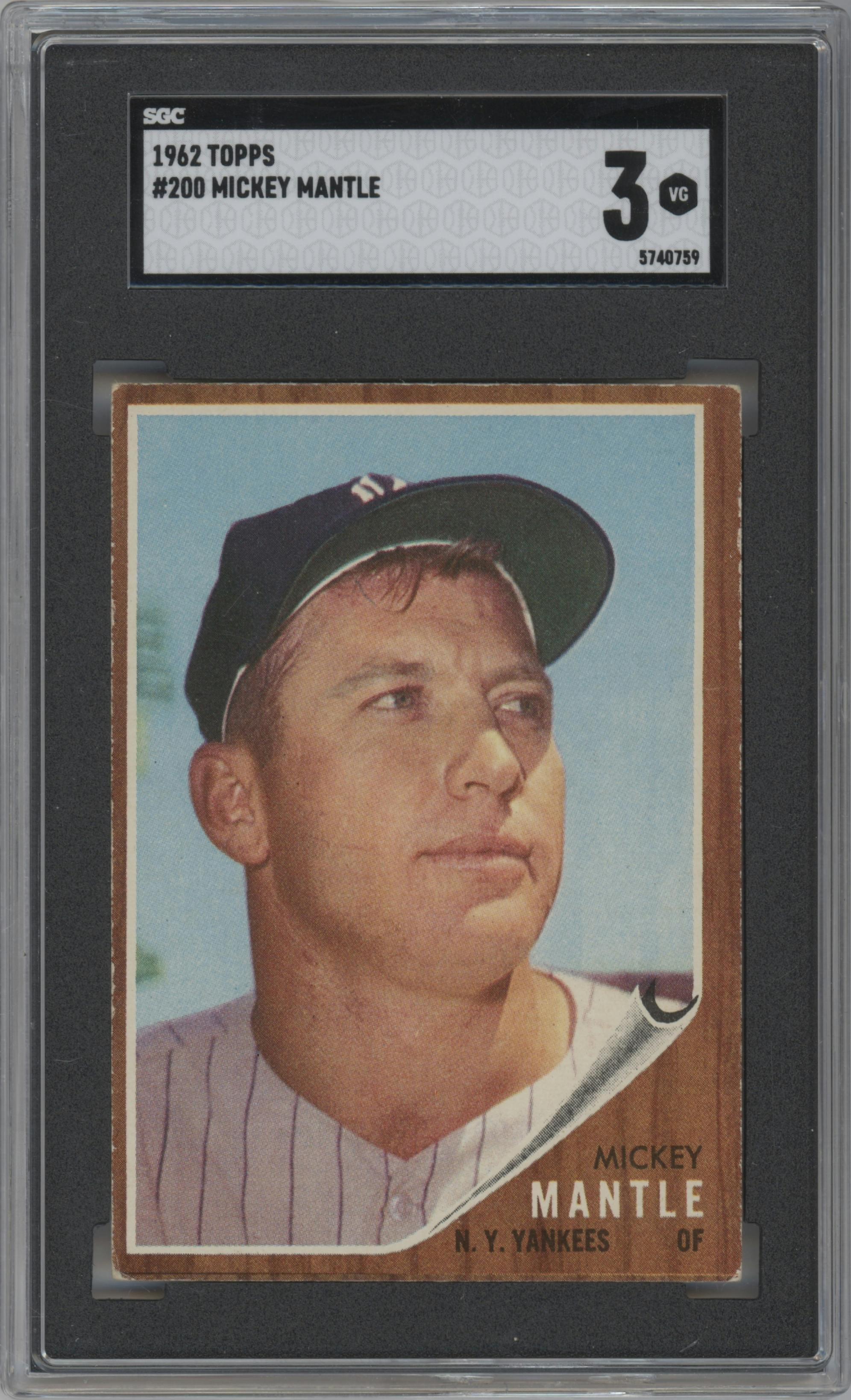 Mickey Mantle from the 1962 Topps set graded by SGC and given an overall grade of 3.