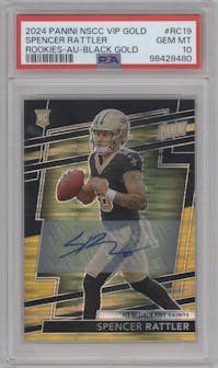 Spencer Rattler from the 2024 Panini The National VIP set featuring a Black Gold parallel graded by PSA and given an overall grade of 10.