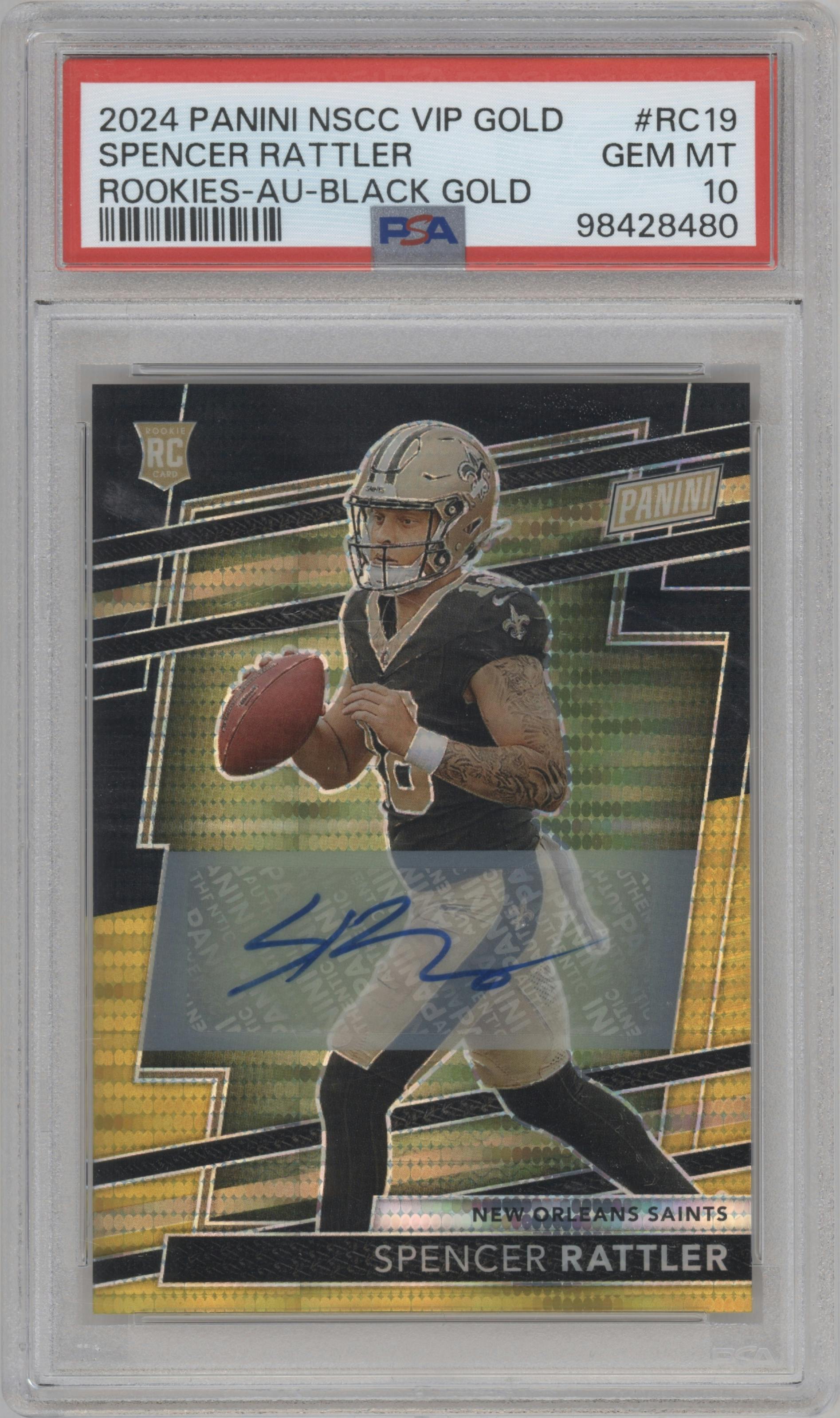 Spencer Rattler from the 2024 Panini The National VIP set featuring a Black Gold parallel graded by PSA and given an overall grade of 10.