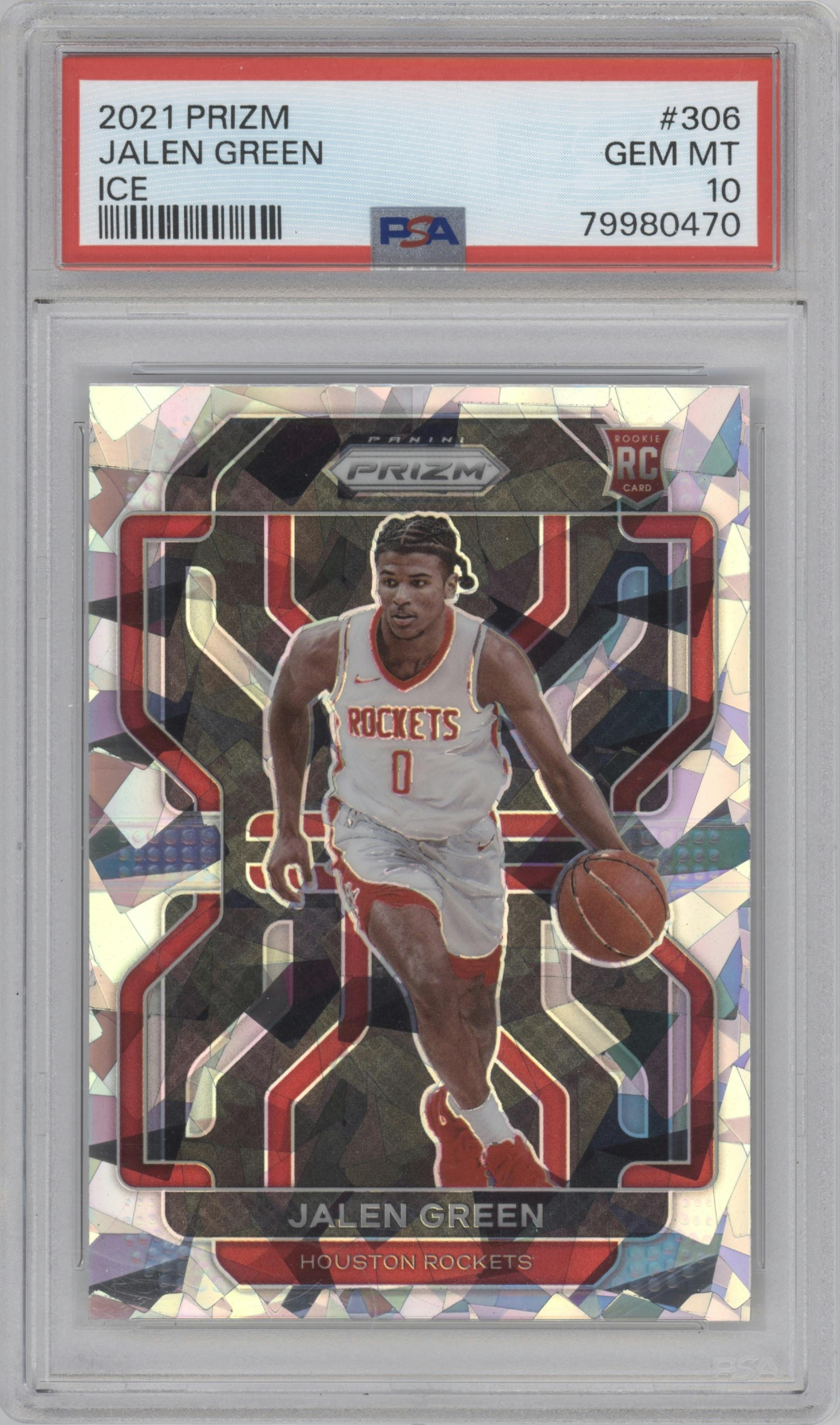 Jalen Green from the 2021-22 Panini Prizm  set featuring a Ice Prizm parallel graded by PSA and given an overall grade of 10.