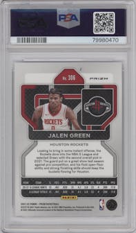 Jalen Green from the 2021-22 Panini Prizm  set featuring a Ice Prizm parallel graded by PSA and given an overall grade of 10.