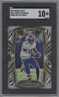 Justin Jefferson from the 2020 Panini Select set featuring a Die-Cut Zebra parallel graded by SGC and given an overall grade of 10.