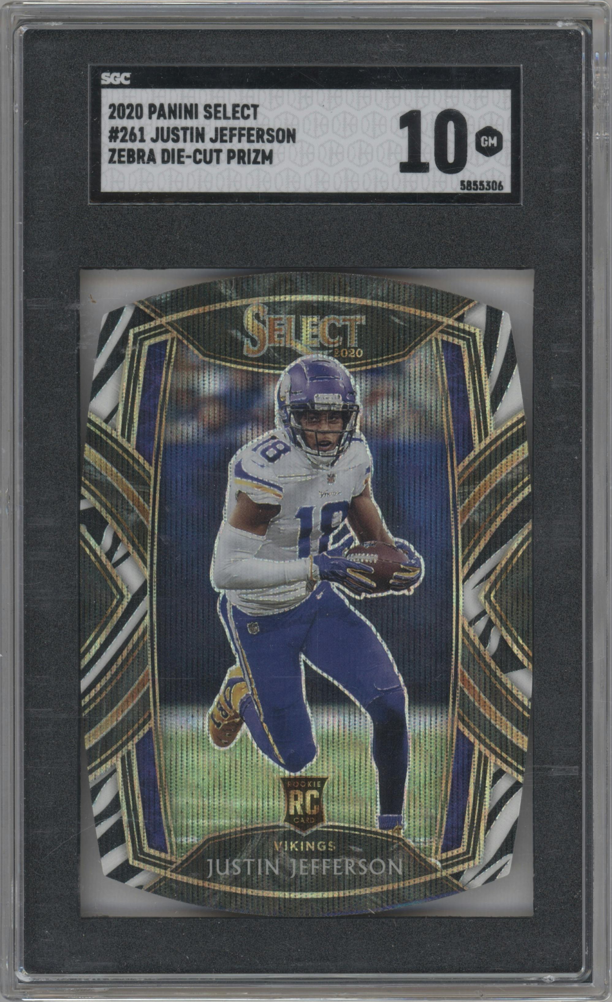 Justin Jefferson from the 2020 Panini Select set featuring a Die-Cut Zebra parallel graded by SGC and given an overall grade of 10.