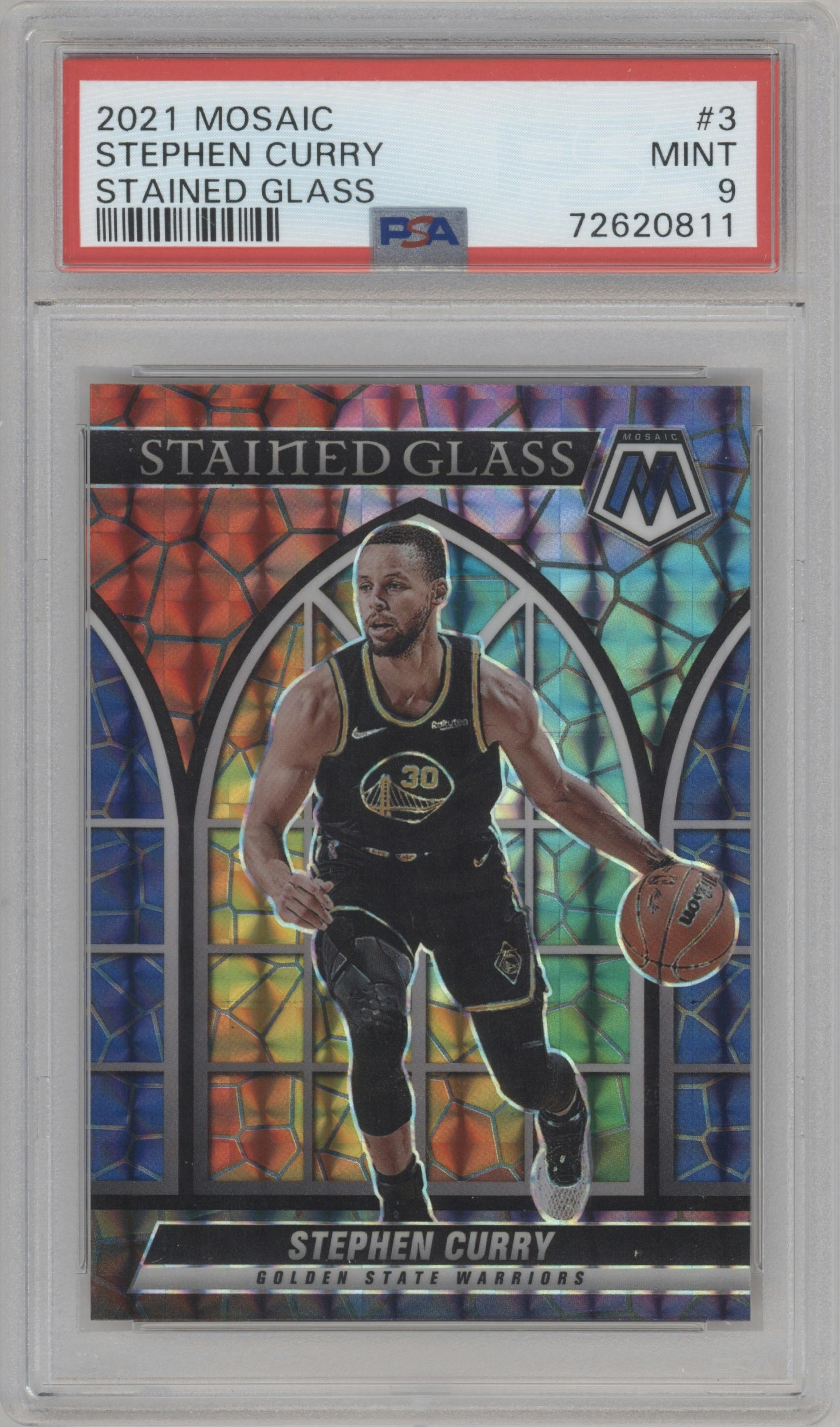Stephen Curry from the 2021-22 Panini Mosaic  set graded by PSA and given an overall grade of 9.