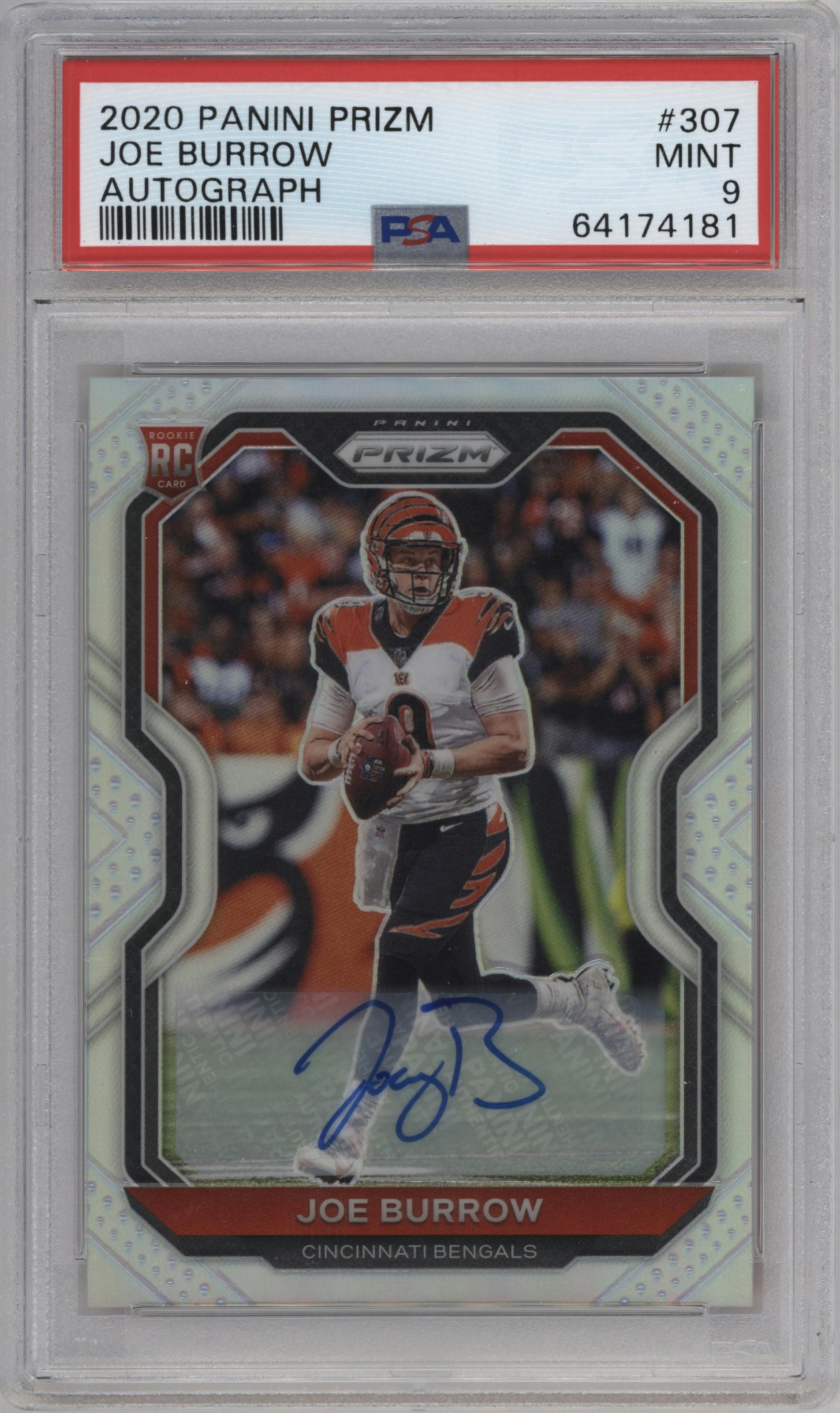 Joe Burrow from the 2020 Panini Prizm set graded by PSA and given an overall grade of 9.