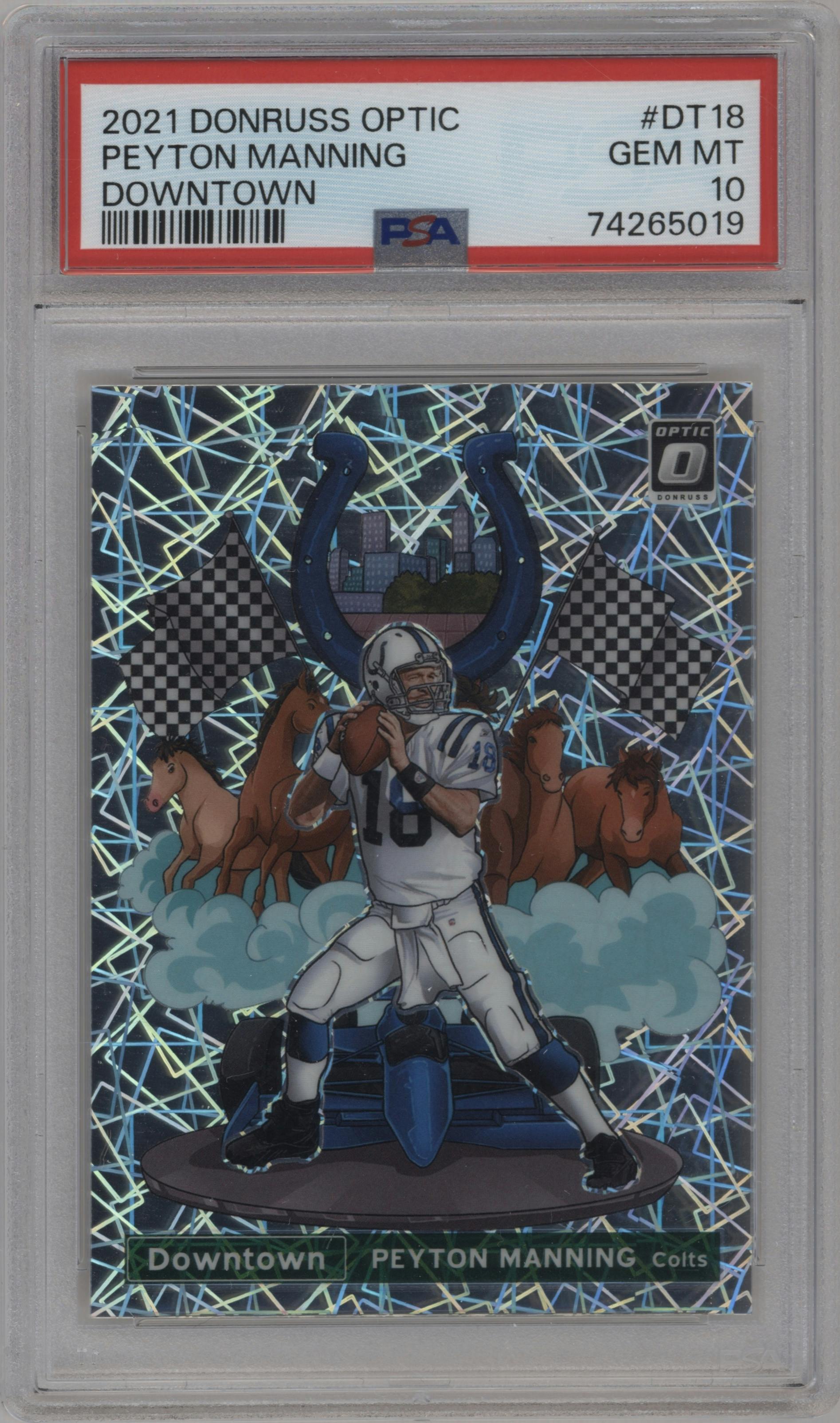 Peyton Manning from the 2021 Panini Donruss Optic set graded by PSA and given an overall grade of 10.