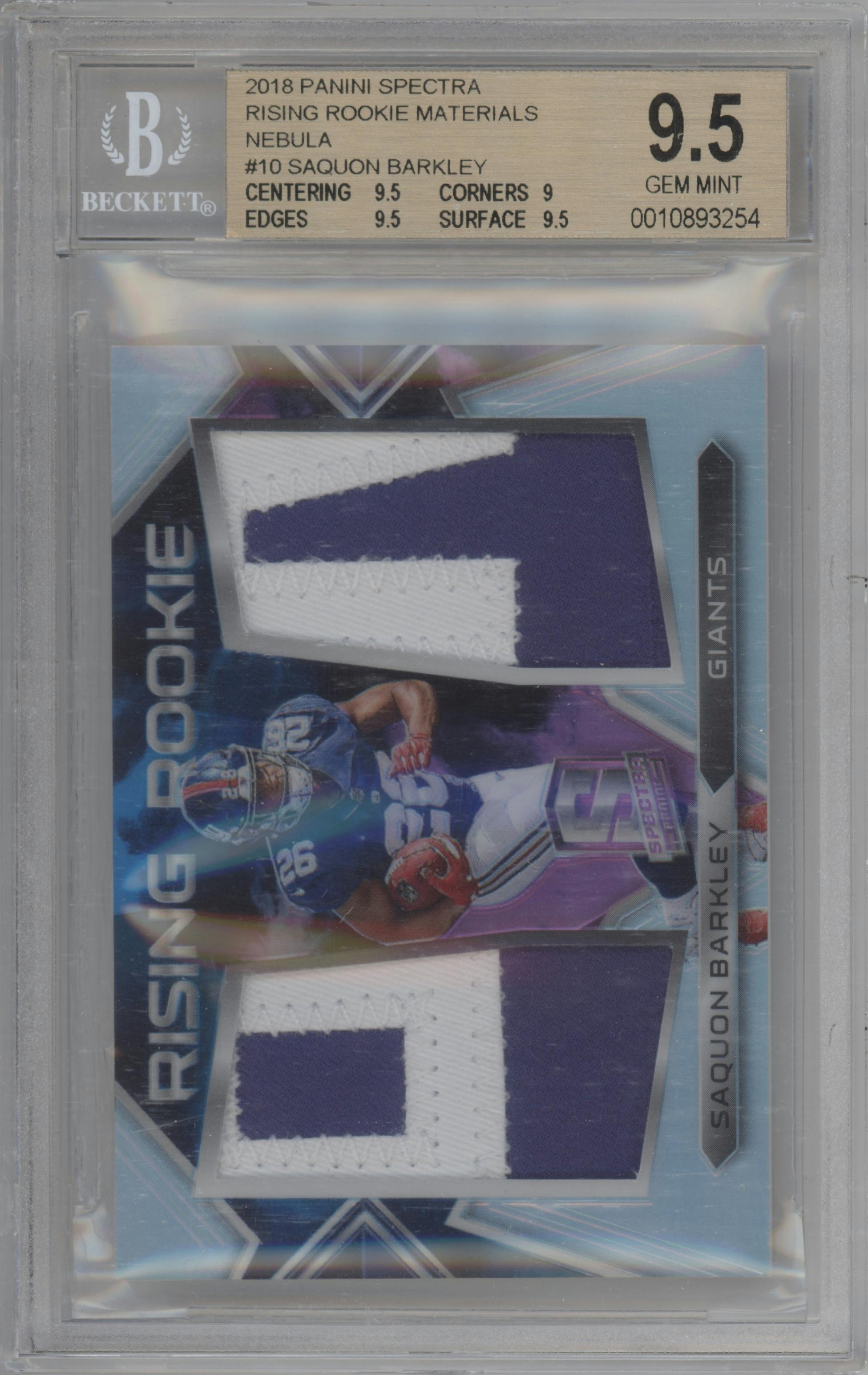 Saquon Barkley from the 2018 Panini Spectra set featuring a Nebula parallel graded by Beckett and given an overall grade of 9.5.