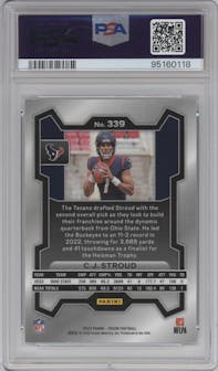 C.J. Stroud from the 2023 Panini Prizm set graded by PSA and given an overall grade of 10.