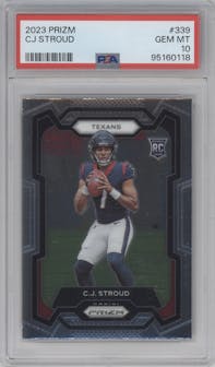 C.J. Stroud from the 2023 Panini Prizm set graded by PSA and given an overall grade of 10.