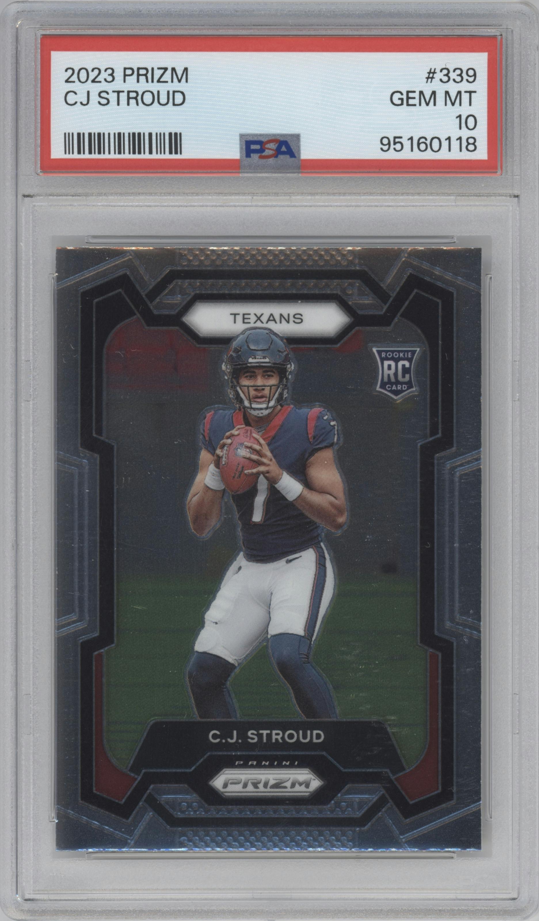 C.J. Stroud from the 2023 Panini Prizm set graded by PSA and given an overall grade of 10.