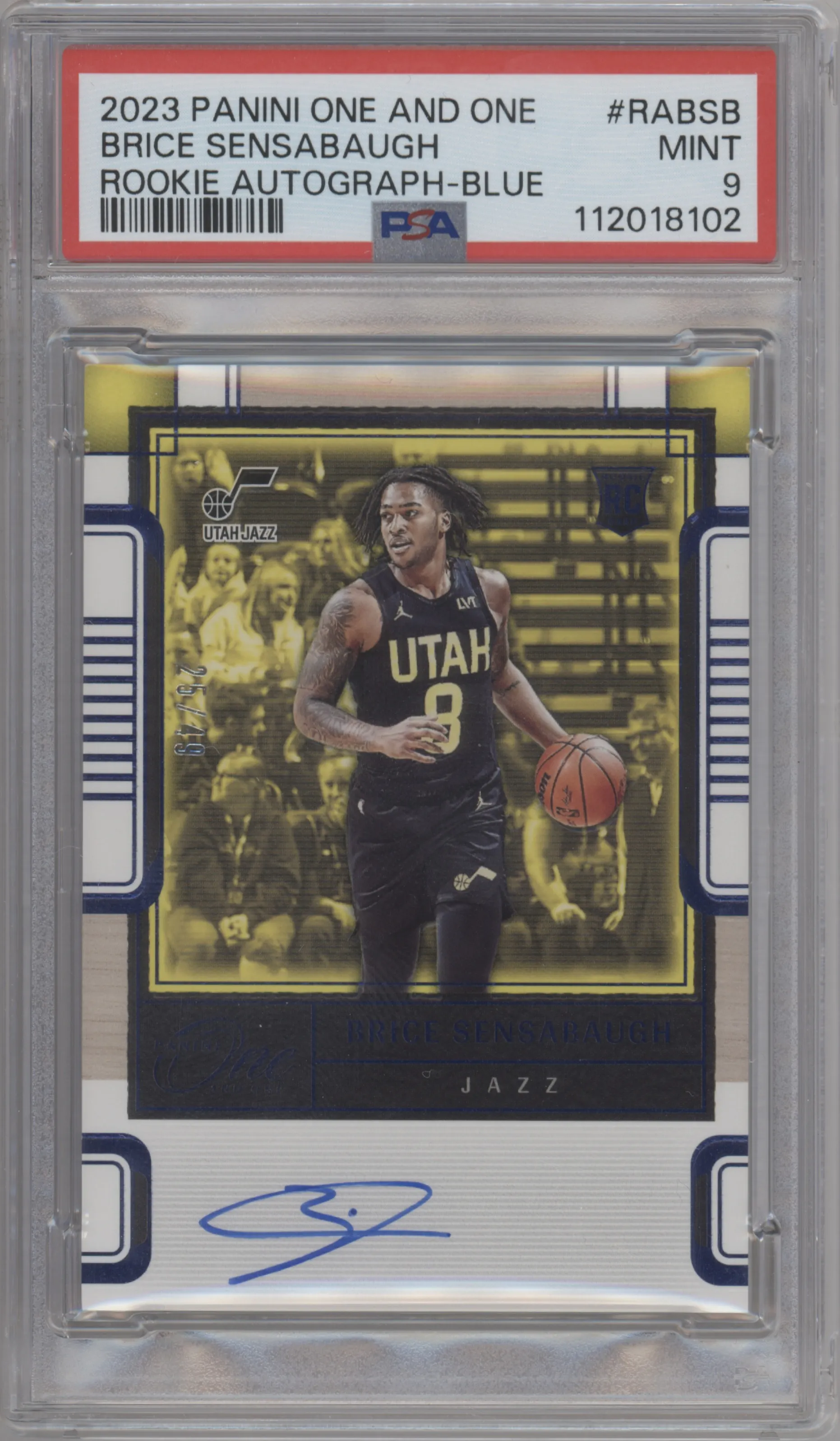 2023 Panini One and One Rke.Auto Brice Sensabaugh Blue #RA-BSB PSA 9