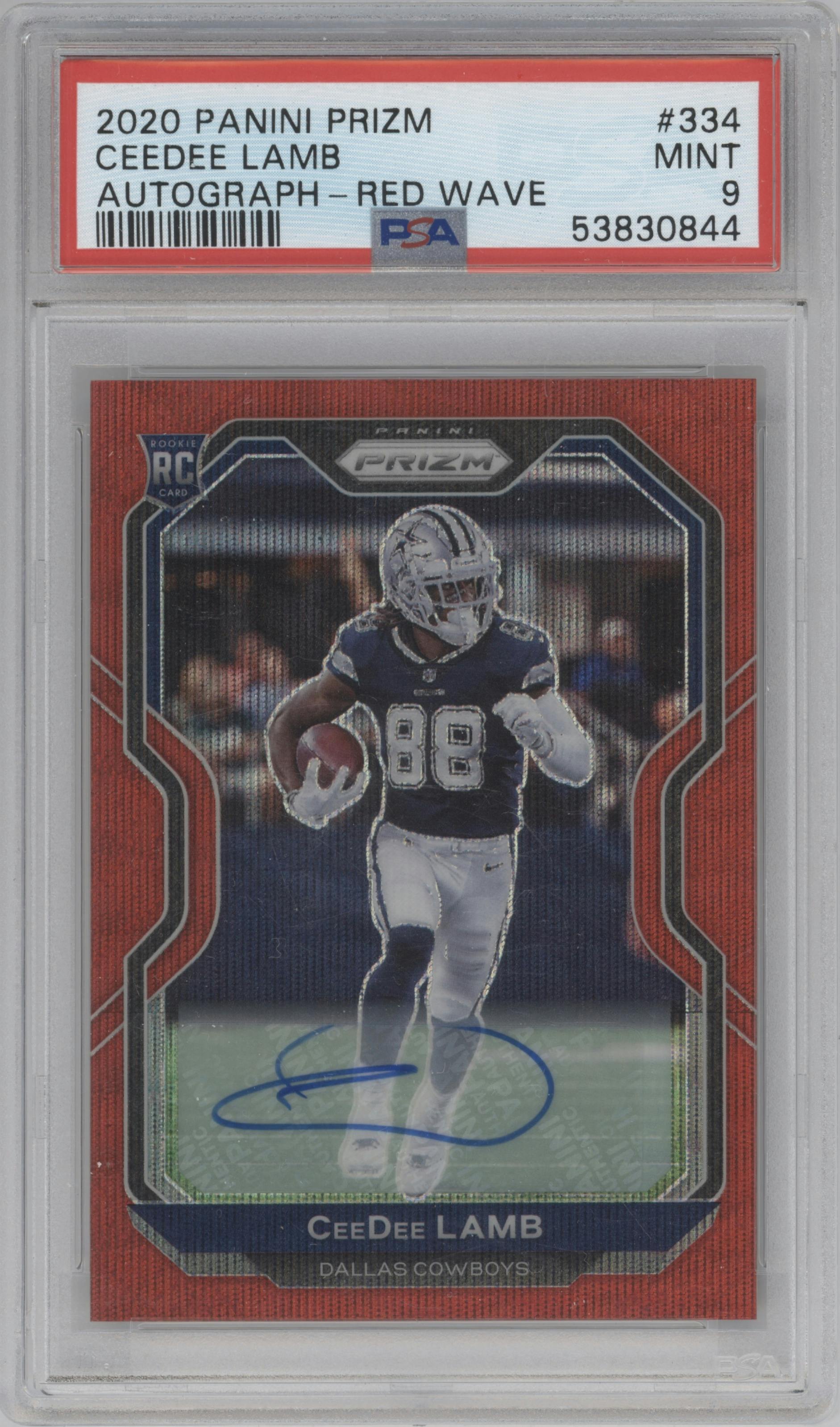 CeeDee Lamb from the 2020 Panini Prizm set featuring a Red Wave parallel graded by PSA and given an overall grade of 9.