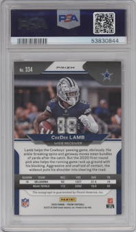 CeeDee Lamb from the 2020 Panini Prizm set featuring a Red Wave parallel graded by PSA and given an overall grade of 9.