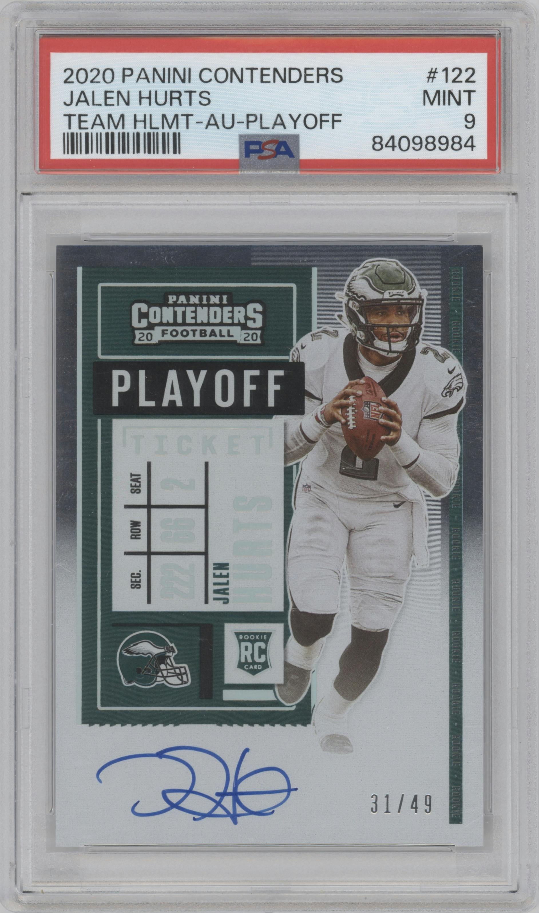 Jalen Hurts from the 2020 Panini Contenders set featuring a Playoff Ticket parallel graded by PSA and given an overall grade of 9.