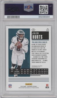 Jalen Hurts from the 2020 Panini Contenders set featuring a Playoff Ticket parallel graded by PSA and given an overall grade of 9.