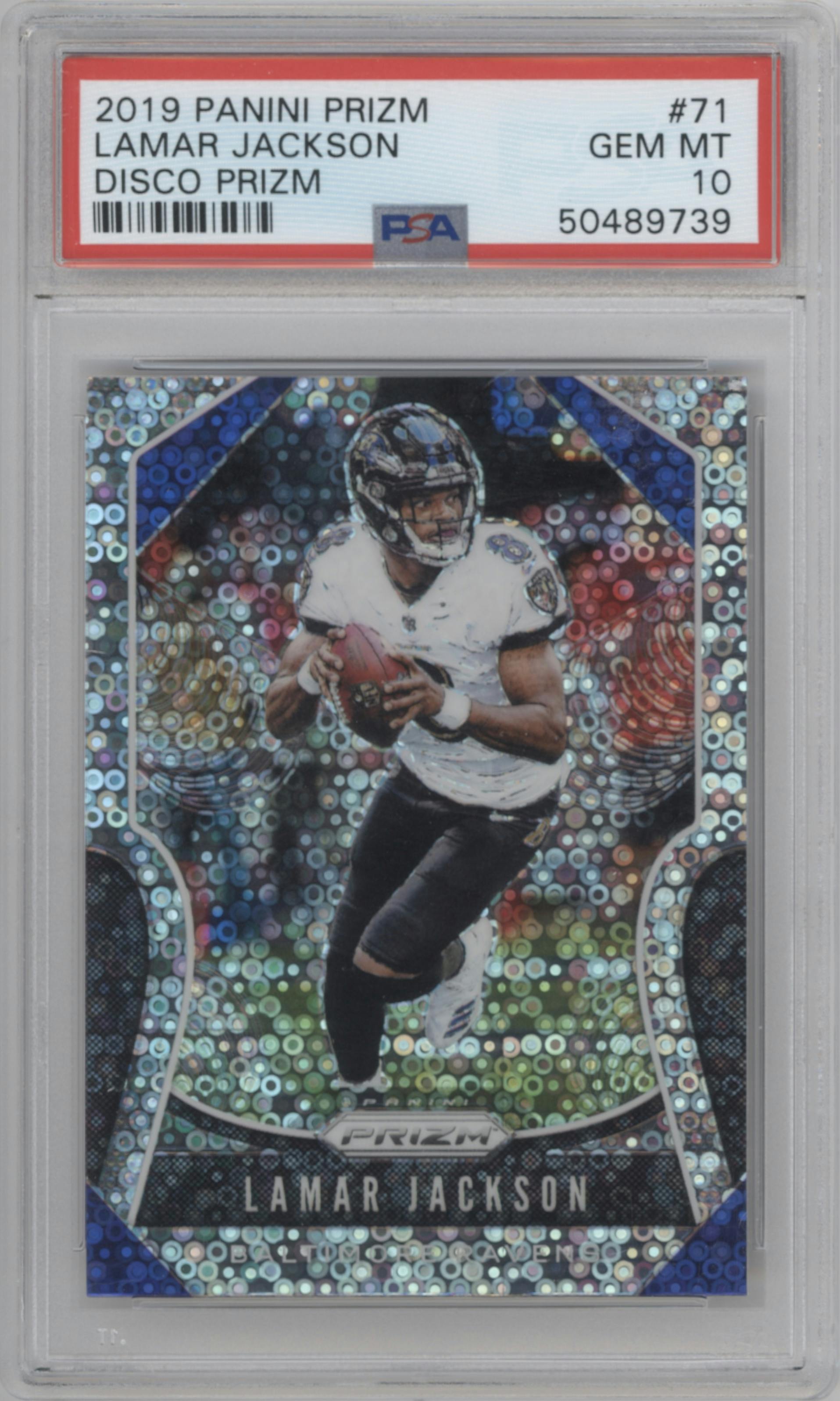 Lamar Jackson from the 2019 Panini Prizm set featuring a Disco Prizm parallel graded by PSA and given an overall grade of 10.