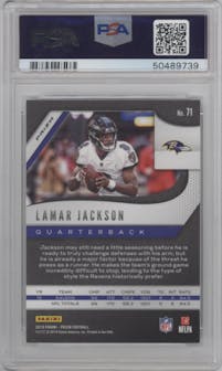 Lamar Jackson from the 2019 Panini Prizm set featuring a Disco Prizm parallel graded by PSA and given an overall grade of 10.
