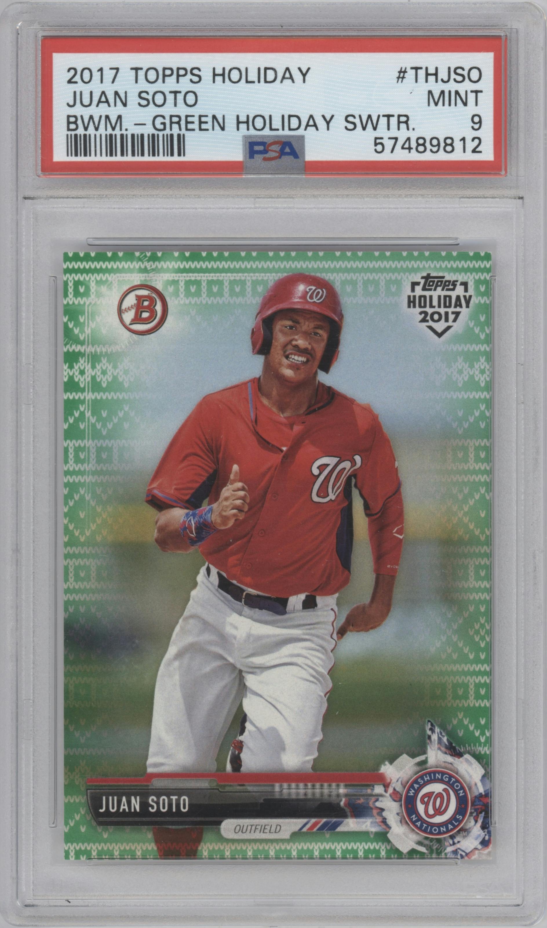 Juan Soto from the 2017 Topps Holiday Bowman set featuring a Green Holiday Sweater parallel graded by PSA and given an overall grade of 9.