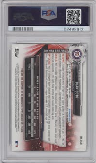 Juan Soto from the 2017 Topps Holiday Bowman set featuring a Green Holiday Sweater parallel graded by PSA and given an overall grade of 9.