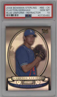 Clayton Kershaw from the 2008 Bowman Sterling set featuring a Refractor parallel graded by PSA and given an overall grade of 10.
