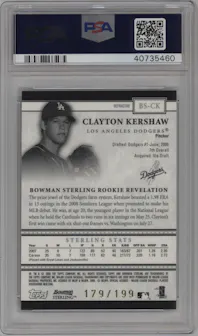 Clayton Kershaw from the 2008 Bowman Sterling set featuring a Refractor parallel graded by PSA and given an overall grade of 10.